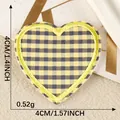 Yellow plaid heart-shaped embroidered iron-on patch showing dimensions and weight - Yellow and Gray Plaid