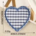 Heart shaped checkered iron-on embroidered patch shown with 4cm by 4cm dimensions and 0.52g weight - Blue and White Gingham