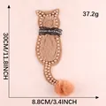 Cat-shaped pearl embroidered patch with fuzzy pom-pom tail and lace bow detail - Brown Cat (E4L-A-2-11)