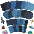 Multi-colored denim repair patches in various shapes for elbow and knee mending - 24 Denim Patches With 6 Embroidery Mix / 15.8x15cm