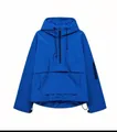Vorderansicht der blauen Kapuzen-Windjacke mit Kängurutasche und halbem Reißverschluss - S / Oberteile / Blau