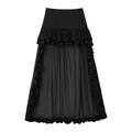 Elegant black high-low skirt featuring multi-layered ruffles and a sheer mesh design - S / Bottoms / Black