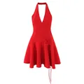Élégante robe licou rouge dos nu de style français avec un joli détail floral latéral - S / Robes / Fleur Rouge
