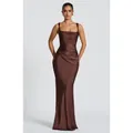 Elegant chocolate brown satin mermaid evening dress with square neckline and ruched waist - S / Dresses / Coffee