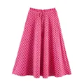 Detailed front view of a stylish pink and white plaid midi skirt with a drawstring waist. - XS / Rose Red