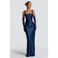 Elegant navy blue satin square neck evening gown with matching opera gloves for banquet - S / Dresses / Blue