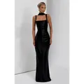 Elegant black satin mermaid evening dress with square neck and ruched waist detail. - S / Dresses / Black