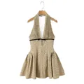 Robe dos nu à pois style français chic avec buste plissé et taille ajustée élégante - S / Robes / Pois Kaki (8135)