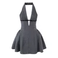 Robe courte élégante à pois gris, dos nu plissé style français avec détail nœud taille - S / Robes / Pois Gris (8176)