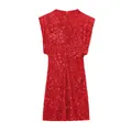 Elegant red sequin mini dress with a sleeveless design and padded shoulders for women - XS / Dresses / Red