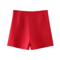 Elegantes pantalones cortos de satén rojo de talle alto para mujer con cremallera lateral - XS / Bottoms / Rojo