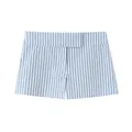Vista dettagliata dei mini pantaloncini a righe verticali bianche e blu da donna - XS / Pantaloni e gonne / Strisce blu e bianche