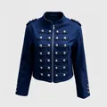 Detailed view of navy military-style jacket with decorative silver buttons - S / Tops / Dark Blue