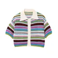 Multi-colored striped crochet polo knit cardigan with short sleeves and white collar. - S / Tops / Purple Stripe