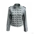 Detailed view of a vintage palace style grey wool jacket with ornate button rows - S / Tops / Gray