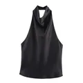 Elegantes schwarzes Satin-Halterneck-Top mit Wasserfallausschnitt - S / Oberteile / Schwarz