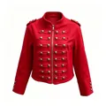 Detailed view of a red military-style jacket featuring antique bronze button accents - S / Tops / Red