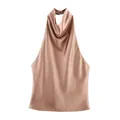 Champagnerfarbenes Neckholder-Top aus Satin mit rückenfreiem Design und Wasserfallausschnitt - S / Oberteile / Camel