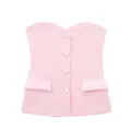 Elegante top tipo corsé de satén rosa con botones frontales y bolsillos con solapa - XS / Tops / Rosa