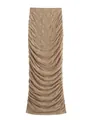 Elegant tan lace maxi skirt featuring ruched sides and sparkling rhinestone details - S / Bottoms / Khaki