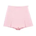 Elegante falda pantalón rosa claro de cintura alta con raya lateral de satén y cremallera - XS / Bottoms / Rosa