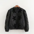 Elegant black quilted jacket featuring floral velvet appliqués and puff lantern sleeves - S / Tops / Black