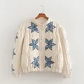 French style quilted cream jacket with floral star appliqués and lantern sleeves - S / Tops / Off White