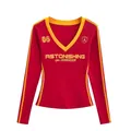 Vintage American style red long sleeve V-neck t-shirt with yellow contrast and graphic print - S / Tops / Red