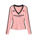 Front view of pink V-neck long sleeve T-shirt with ASTONISHING graphic print detail - S / Tops / Pink