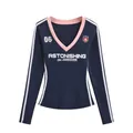 Detailed view of navy blue long sleeve V-neck tee with pink trim and white stripes - S / Tops / Navy Blue
