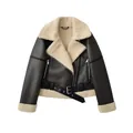 Giacca da aviatore in shearling spessa da donna con rever ampio e cintura in vita - XS / Top (2542) / Marrone