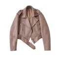 Elegante giacca da motociclista vintage in finta pelle rosa cipria con cintura da donna - XS / Top / Kaki