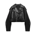 Giacca da motociclista vintage corta in ecopelle nera con elegante cintura regolabile - XS / Top / Nero