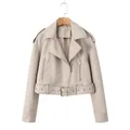 Elegante giacca biker beige in ecopelle con cintura regolabile per donne moderne - XS / Top / Albicocca