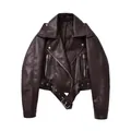 Giacca da motociclista vintage in ecopelle marrone scuro per donna con cintura - XS / Top / Caffè