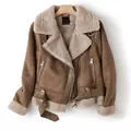 Giacca biker in montone sintetico marrone con ampio rever e finitura in finta pelle - XS / Top (2560) / Kaki