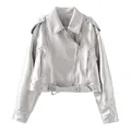 Veste de motard courte en similicuir argenté métallisé avec ceinture et fermeture - XS / Hauts / Argent