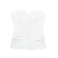 Elegante top corsé de satén de seda blanco sin tirantes con botones y bolsillos falsos - XS / Tops / Blanco