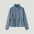 Blue-grey women's utility jacket with drawstring waist and stand collar design features - S / Tops / Dark Blue