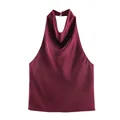 Elegantes burgunderrotes Satin-Halterneck-Top mit Wasserfall-Ausschnitt und offenem Rücken - S / Oberteile / Burgunderrot