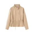 Front view of khaki drawstring waist cargo windbreaker jacket with stand collar - S / Tops / Khaki