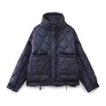 Dark navy stand collar quilted short jacket with loose fit for 2024 winter fashion - XS / Tops / Navy Blue