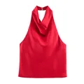 Elegantes rückenfreies Neckholder-Top aus rotem Satin mit stilvollem Wasserfallausschnitt - S / Oberteile / Rot