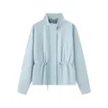 Detail view of a light blue drawstring waist jacket with a stand collar and pockets - S / Tops / Light Blue