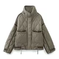 Women's 2024 winter olive green quilted puffer jacket with stand collar and toggles - Olive Green