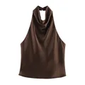 Elegantes braunes Satin-Halterneck-Oberteil mit Wasserfall-Ausschnitt und Rückfrei - S / Oberteile / Braun