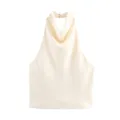 Eleganter cremefarbener Satin-Halterneck-Top mit einem weichen Wasserfallausschnitt - S / Oberteile / Gebrochenes Weiß