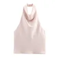 Eleganter hellrosa Neckholder-Top aus Satin mit rückenfreiem Design und Knopfverschluss - S / Oberteile / Champagner