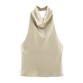 Eleganter champagnerfarbener Satin-Neckholder-Top mit Wasserfallausschnitt für Damenmode - S / Oberteile / Khaki