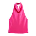 Elegantes fuchsiafarbenes Satin-Neckholder-Top mit Wasserfall-Ausschnitt hinten - S / Oberteile / Fuchsia